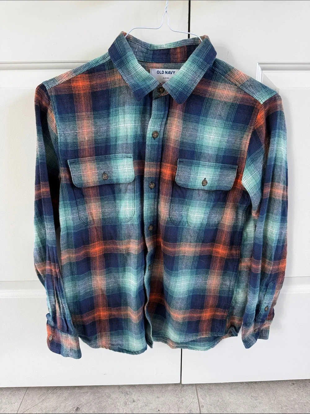 Old Navy Boy’s Plaid Button-Down 100% Cotton Shirt in Blue & Orange